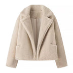 Nolapine Notched-Lapel Teddy Jacket – Women Cropped Biker Faux Fur Winter Casual Streetwear Jacket
