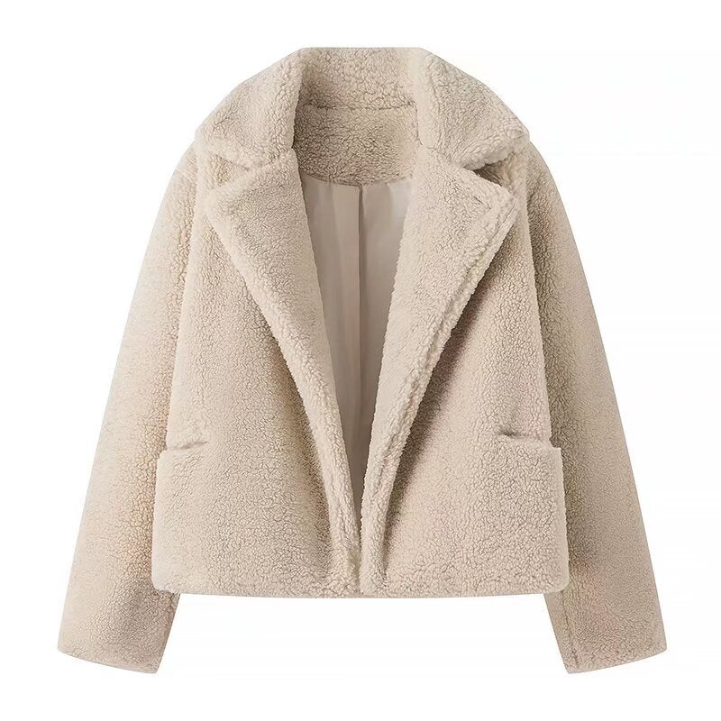Nolapine Notched-Lapel Teddy Jacket – Women Cropped Biker Faux Fur Winter Casual Streetwear Jacket