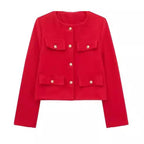 Flapoque Cropped Utility Jacket – Women Collarless Button Front Casual Office Autumn Cropped Jacket