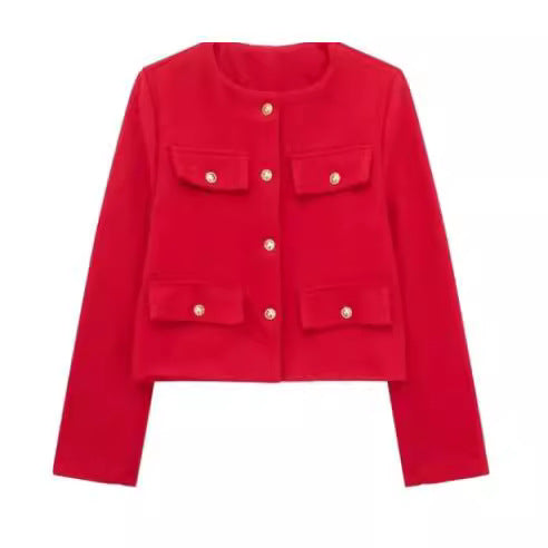 Flapoque Cropped Utility Jacket – Women Collarless Button Front Casual Office Autumn Cropped Jacket