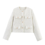 Flapoque Cropped Utility Jacket – Women Collarless Button Front Casual Office Autumn Cropped Jacket