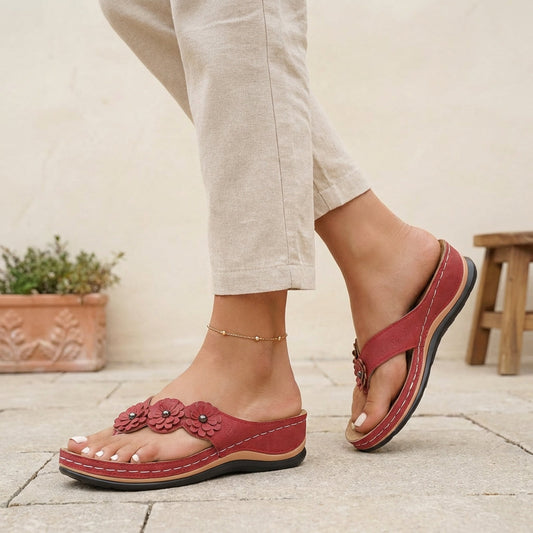 Orthopedic Open Toe Wedge Flip-Flops with Floral Embellishments