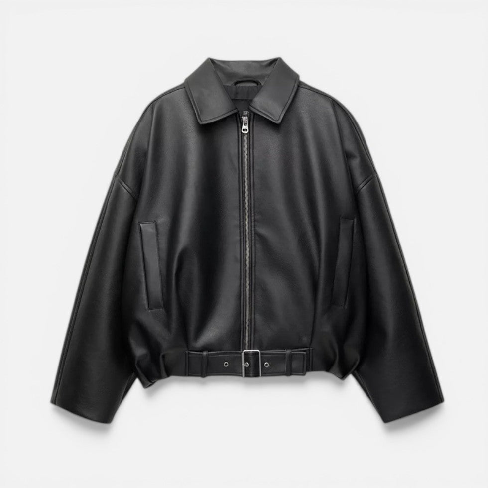 Balstina Oversized Belted Crop Jacket – Faux Leather Women Bomber Zip Up Collared Casual Jacket