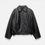 Balstina Oversized Belted Crop Jacket – Faux Leather Women Bomber Zip Up Collared Casual Jacket