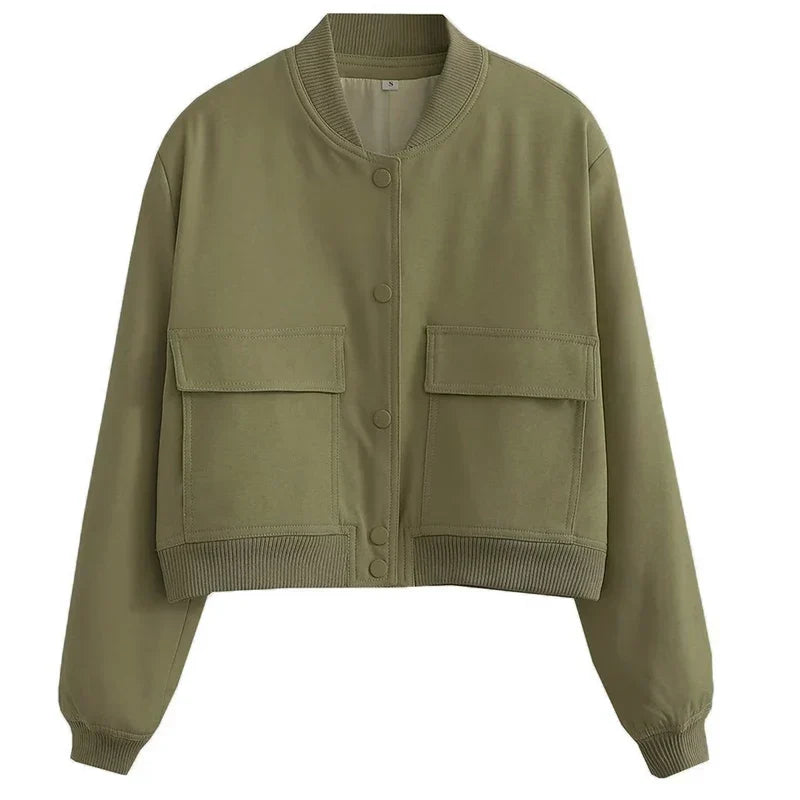Flaplyn Cropped Bomber Jacket – Snap Front Women Casual Fall Streetwear Utility Bomber Jacket