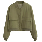 Flaplyn Cropped Bomber Jacket – Snap Front Women Casual Fall Streetwear Utility Bomber Jacket
