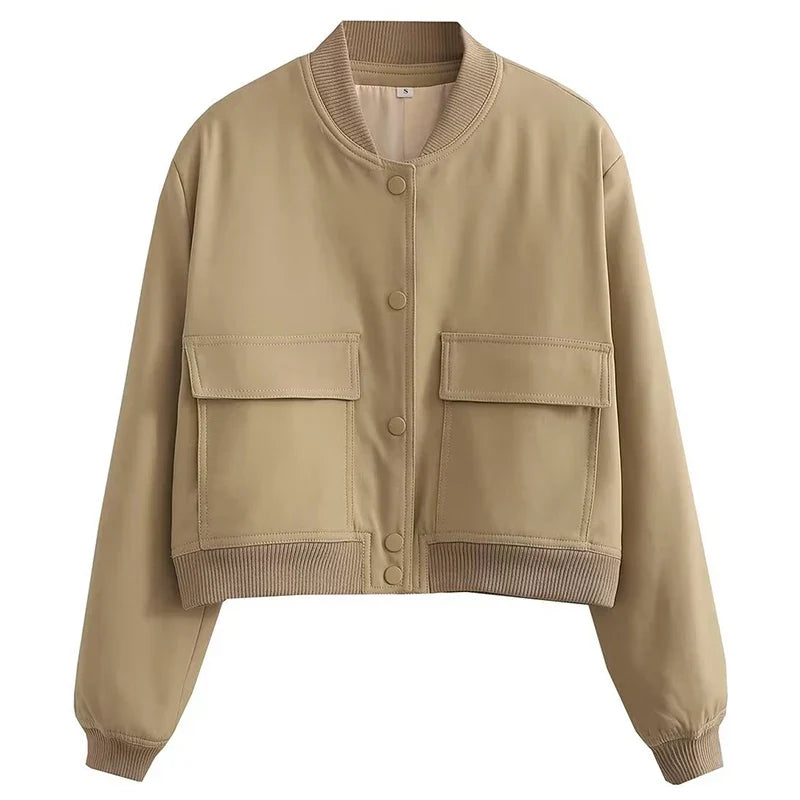 Flaplyn Cropped Bomber Jacket – Snap Front Women Casual Fall Streetwear Utility Bomber Jacket