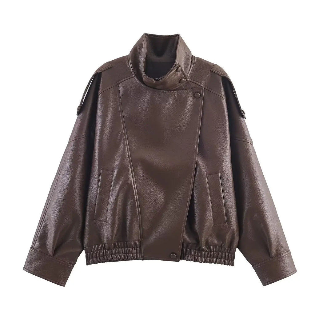 Léonie Oversized Leather Bomber Jacket – Women Biker Casual Streetwear Autumn Winter Cropped Leather Jacket