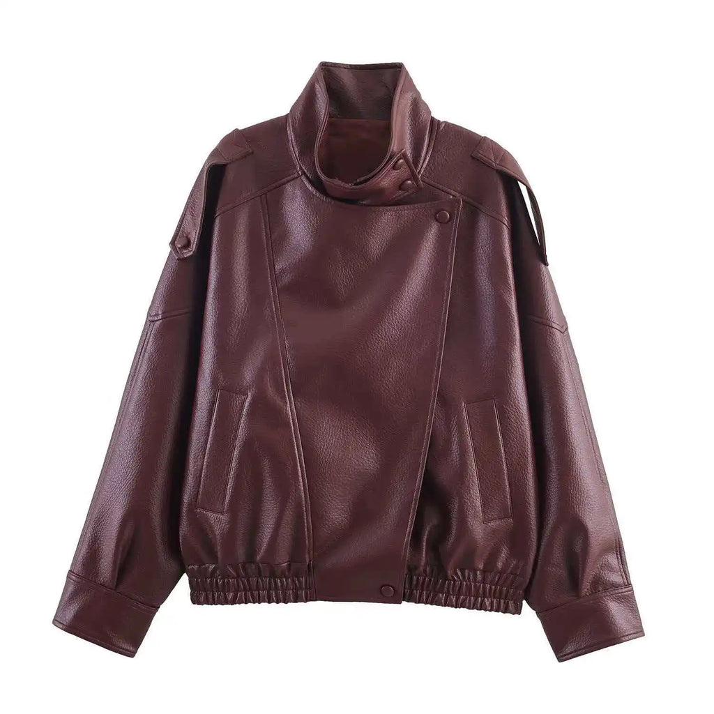 Léonie Oversized Leather Bomber Jacket – Women Biker Casual Streetwear Autumn Winter Cropped Leather Jacket