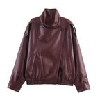 Léonie Oversized Leather Bomber Jacket – Women Biker Casual Streetwear Autumn Winter Cropped Leather Jacket