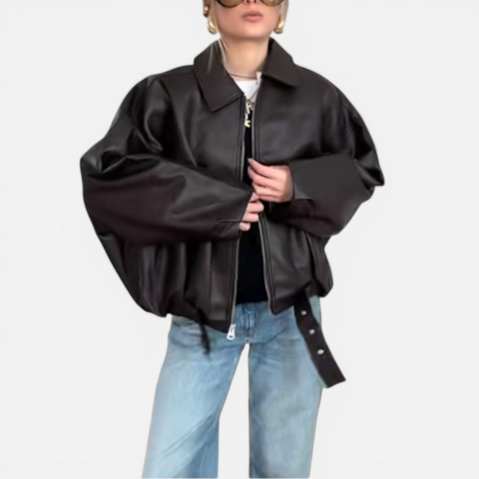 Balstina Oversized Belted Crop Jacket – Faux Leather Women Bomber Zip Up Collared Casual Jacket