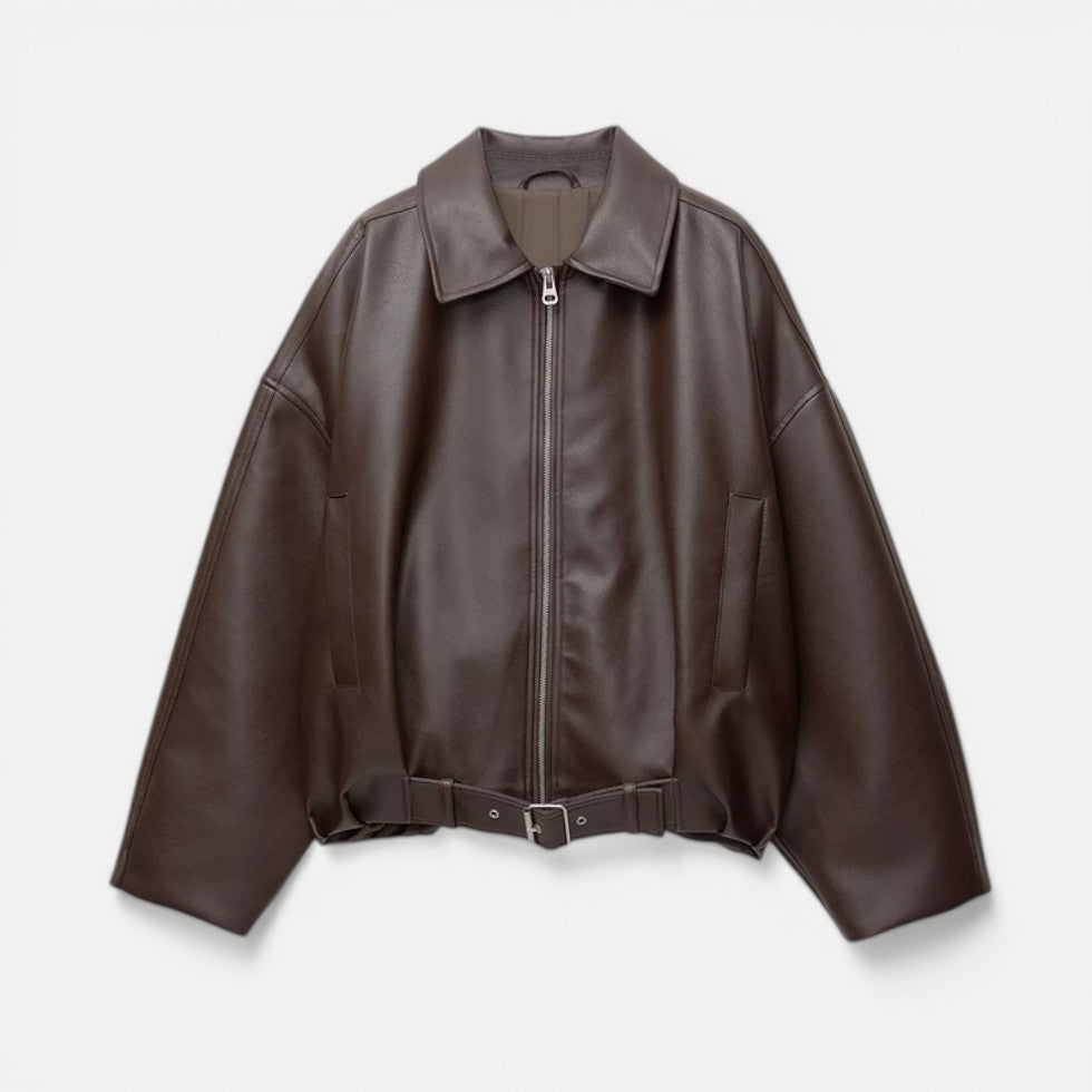 Balstina Oversized Belted Crop Jacket – Faux Leather Women Bomber Zip Up Collared Casual Jacket