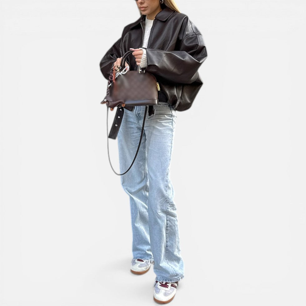 Balstina Oversized Belted Crop Jacket – Faux Leather Women Bomber Zip Up Collared Casual Jacket