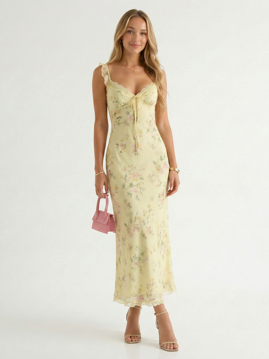 Floral Spaghetti Strap Backless Midi Dress
