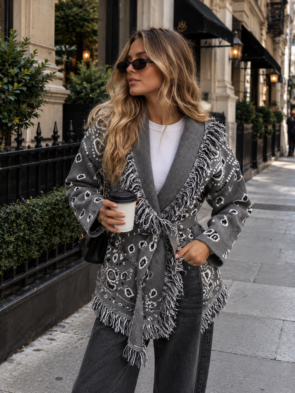 Paselya Paisley Jacquard V-Neck Knit Cardigan – Fringe Trim Women Oversized Boho Casual Autumn Longline Cardigan