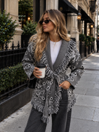 Paselya Paisley Jacquard V-Neck Knit Cardigan – Fringe Trim Women Oversized Boho Casual Autumn Longline Cardigan