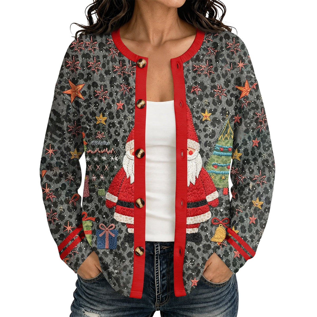 Santripe Embroidered Santa Button-Front Cardigan – Women Christmas Festive Holiday Party Casual Lightweight Cardigan