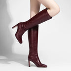 Flarbique Leather Knee High Boots – Women Stiletto Square Toe Heeled Pull On Fall Leather Boots