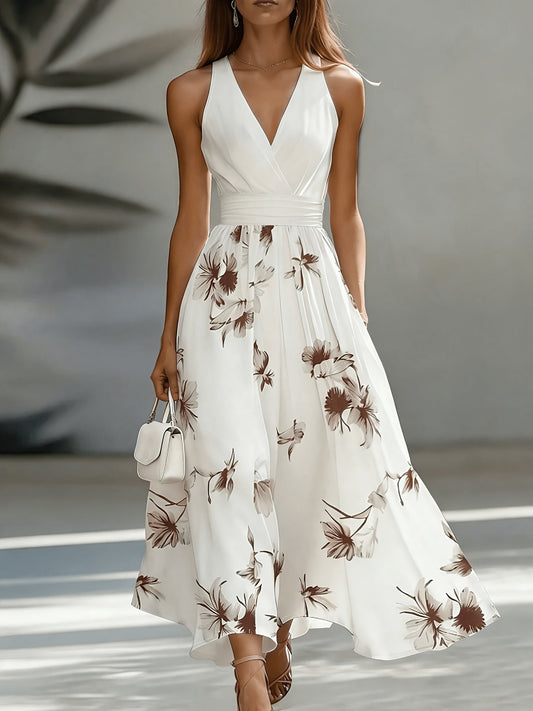 Backless Ruched Floral Patchwork Flared Maxi Dress