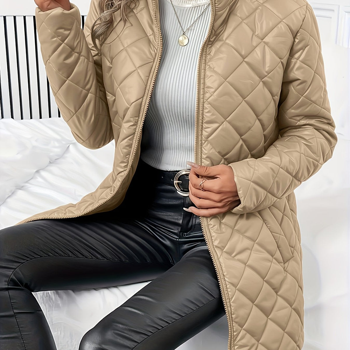 Diquilenne Diamond Quilted Longline Coat – Padded Jacket Women Hooded Winter Ladies Quilted Coat