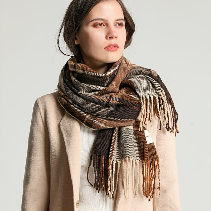 Twillyne Oversized Check Scarf – Tartan Wool Scarf Women Winter Checked Fringe Wrap Shawl Blanket Scarf