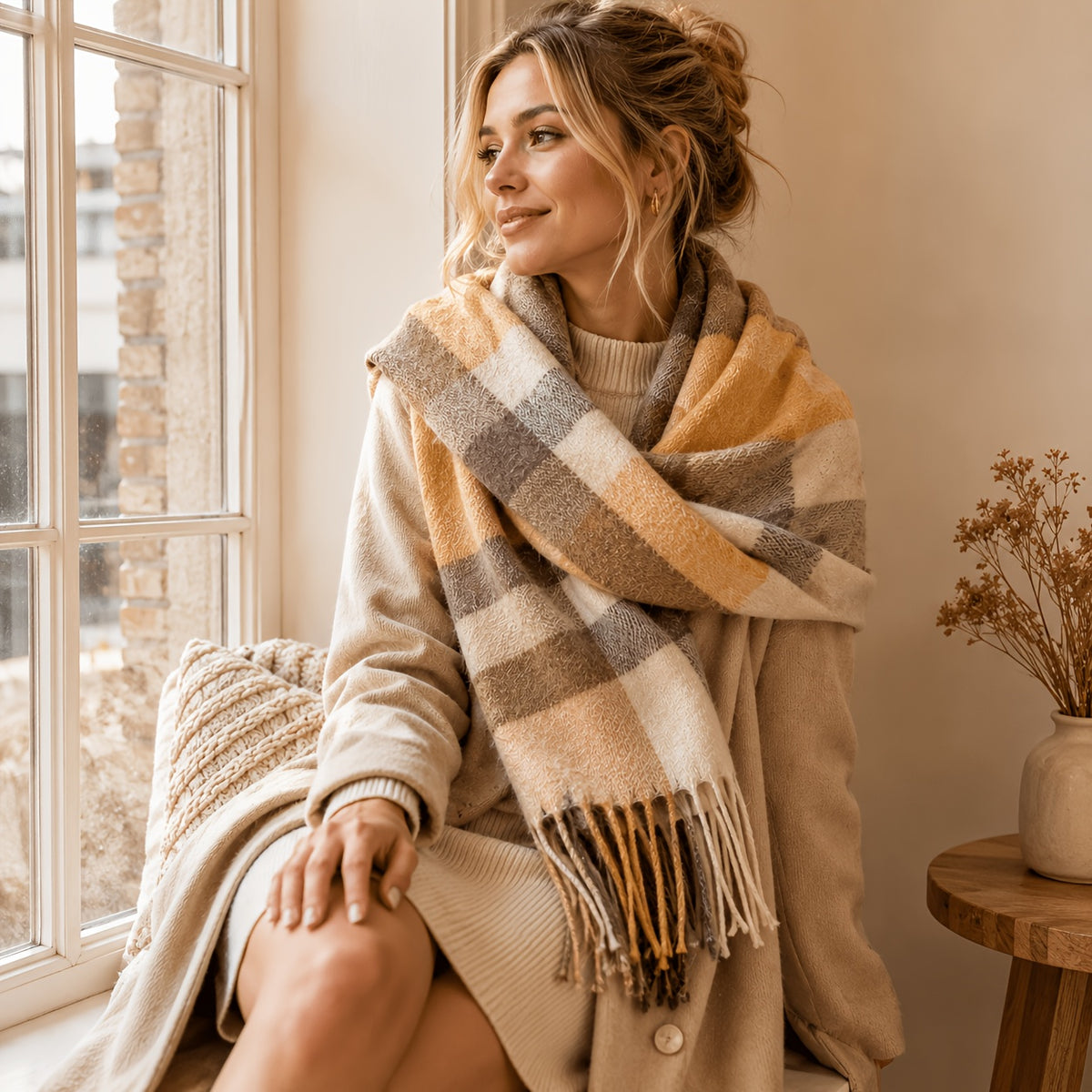 Fritasse Check Wool Scarf – Tartan Wool Checkered Scarf Women Fall Winter Soft Warm Plaid Scarf