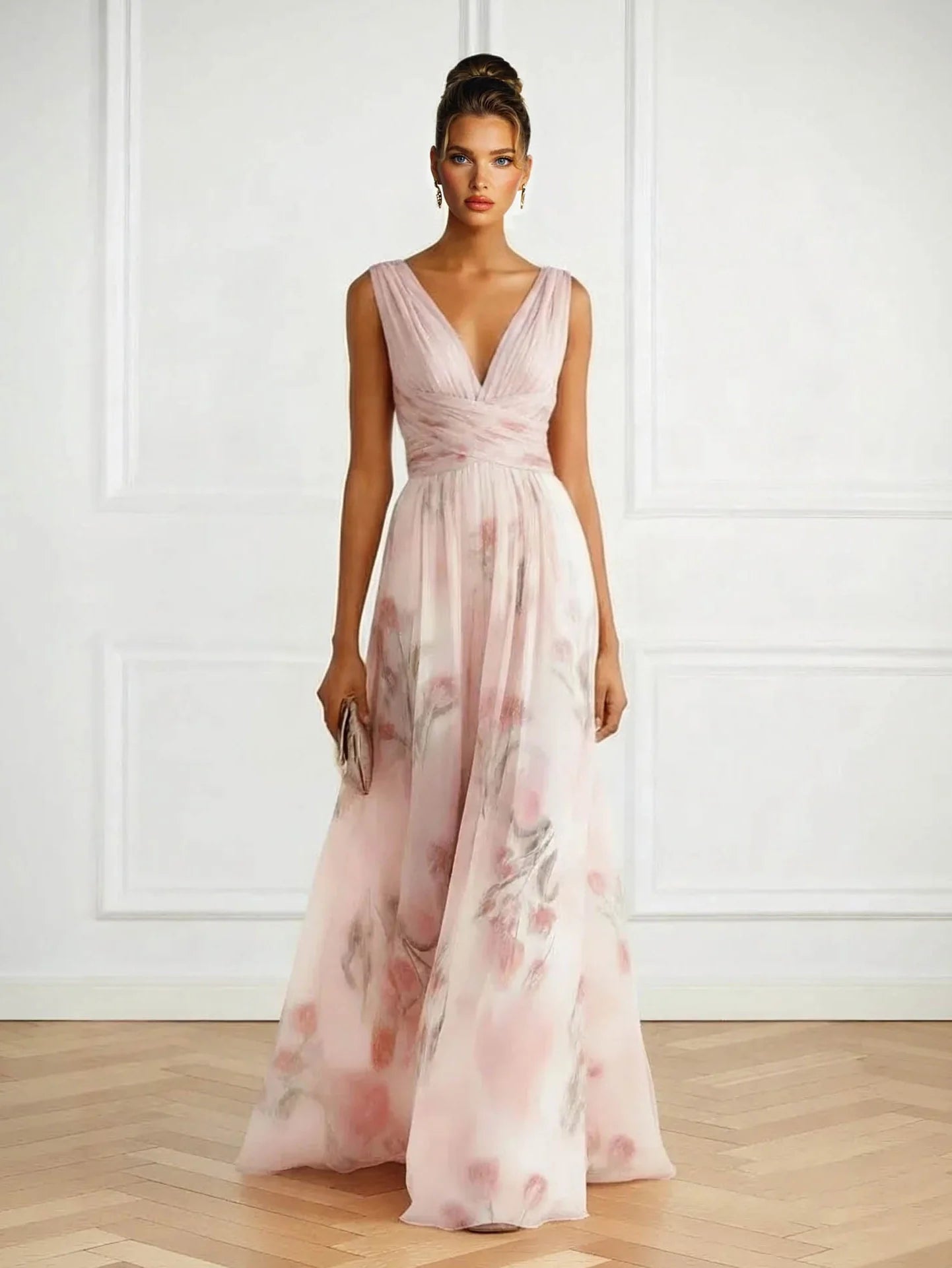 V-Neck Floral Print Tulle Maxi Dress
