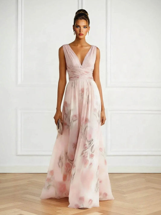 V-Neck Floral Print Tulle Maxi Dress