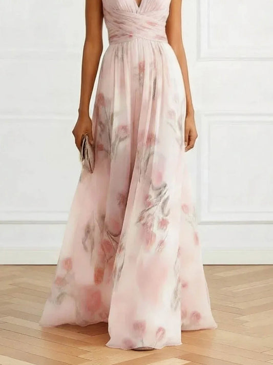 V-Neck Floral Print Tulle Maxi Dress