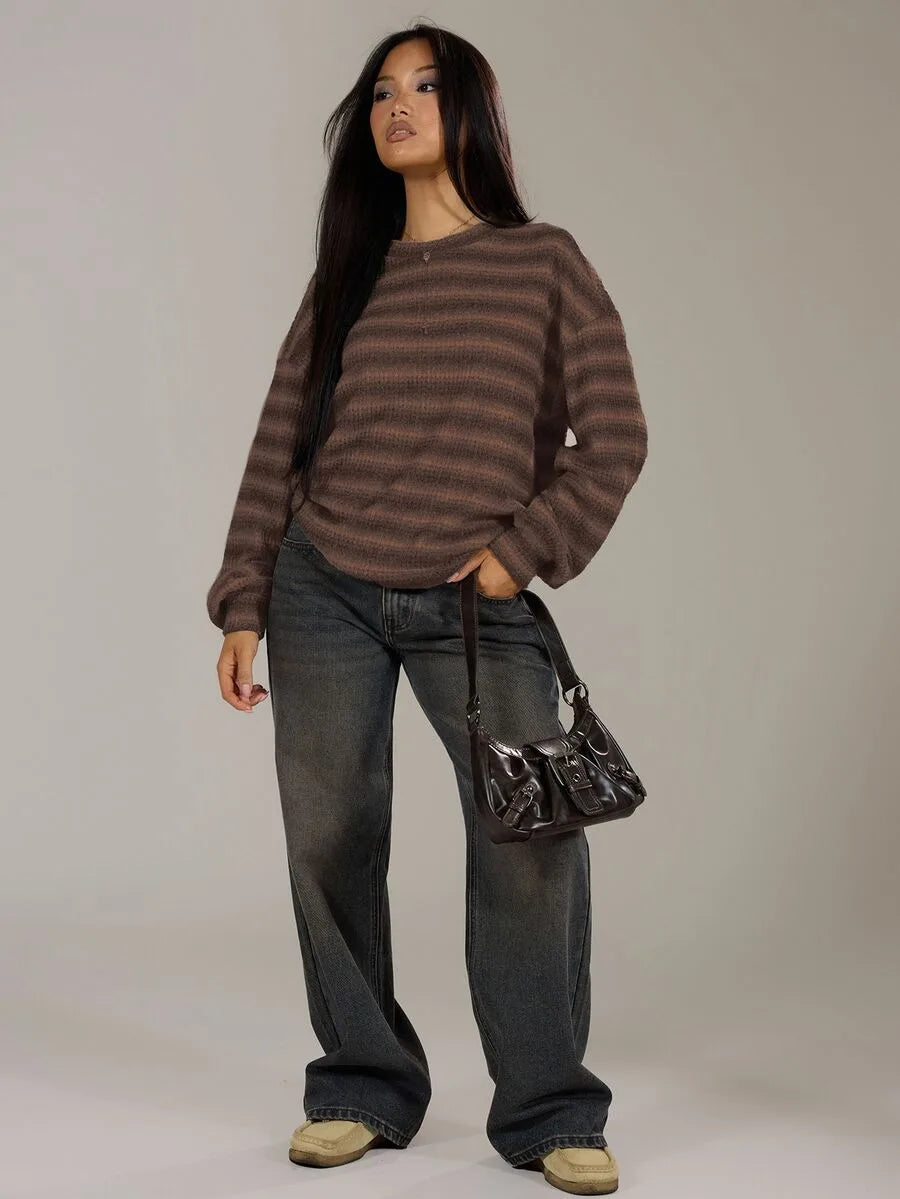 Shadria Oversized Striped Crew Neck Jumper – Striped Knitwear Women Oversized Knit Sweater Casual Longline Top