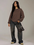 Shadria Oversized Striped Crew Neck Jumper – Striped Knitwear Women Oversized Knit Sweater Casual Longline Top