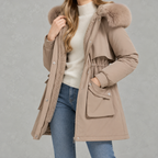 Cinchora Hooded Parka Coat – Faux Fur Trim Winter Women Casual Outerwear Mid-Length Jacket
