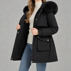 Cinchora Hooded Parka Coat – Faux Fur Trim Winter Women Casual Outerwear Mid-Length Jacket