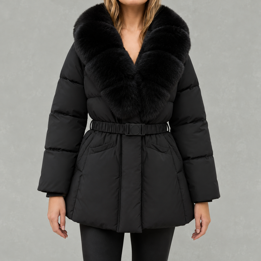 Shawdren Faux Fur Collar Belted Puffer Coat – Padded Quilted Women Winter Jacket Ladies Long Puffer Coat
