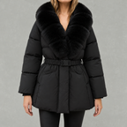 Shawdren Faux Fur Collar Belted Puffer Coat – Padded Quilted Women Winter Jacket Ladies Long Puffer Coat