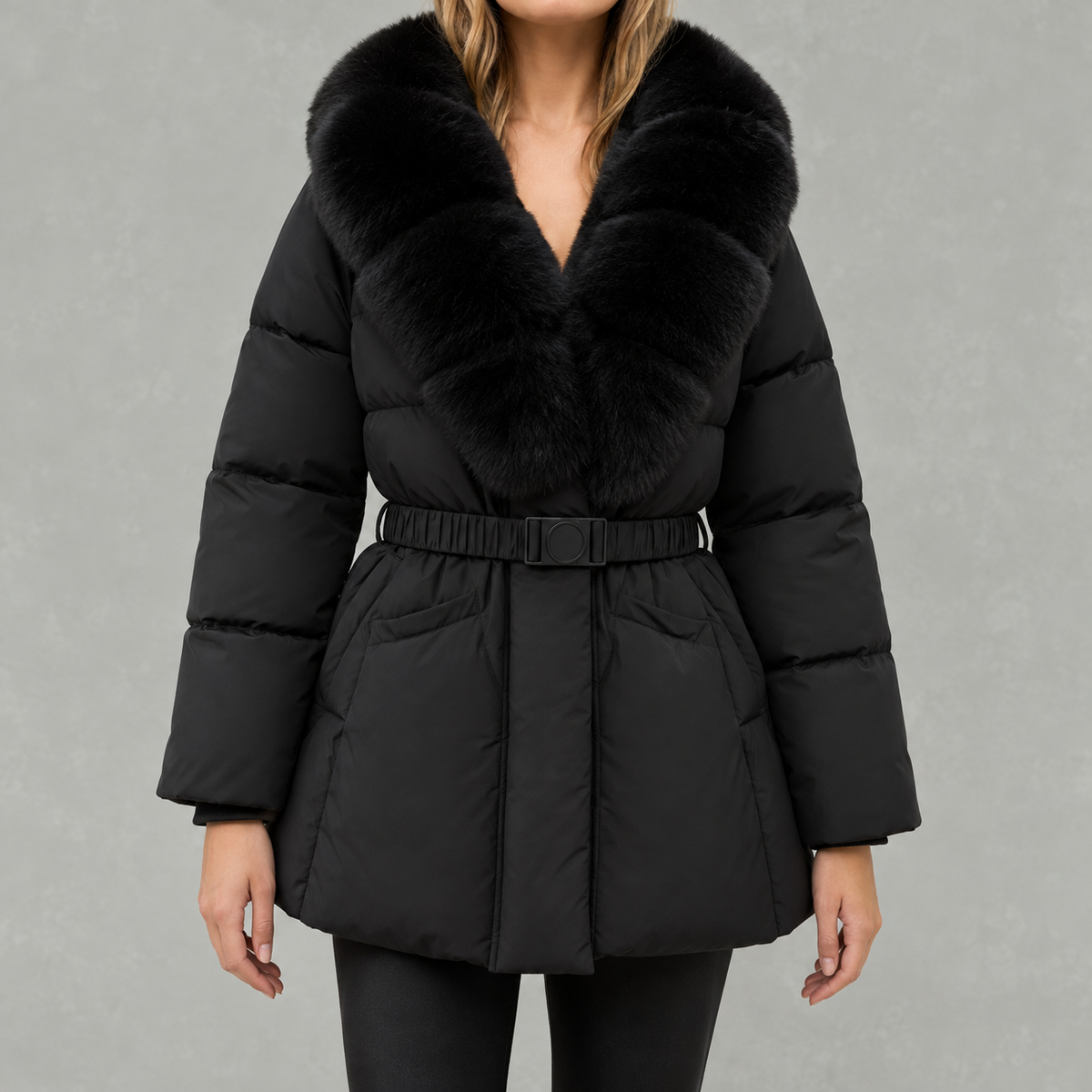 Shawdren Faux Fur Collar Belted Puffer Coat – Padded Quilted Women Winter Jacket Ladies Long Puffer Coat
