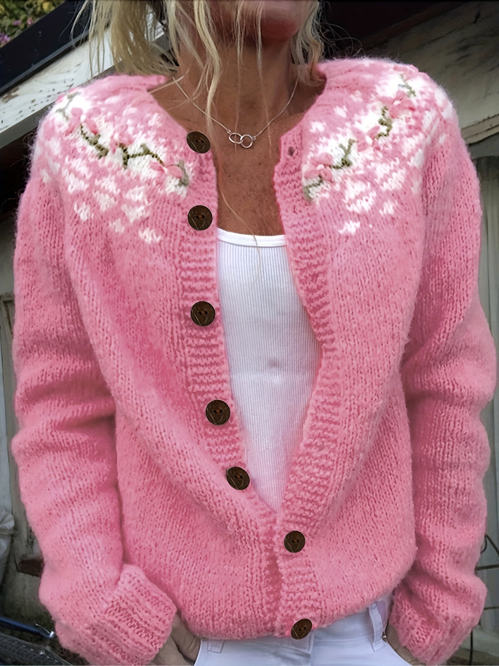 Blossyke Embroidered Knit Cardigan – Chunky Button-Front Women Autumn Cosy Oversized Cardigan