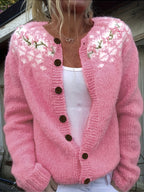 Blossyke Embroidered Knit Cardigan – Chunky Button-Front Women Autumn Cosy Oversized Cardigan