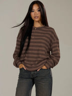 Shadria Oversized Striped Crew Neck Jumper – Striped Knitwear Women Oversized Knit Sweater Casual Longline Top