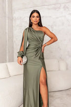 Drapnotte One-Shoulder Maxi Dress – Satin Evening Women Formal Elegant Party Maxi Dress