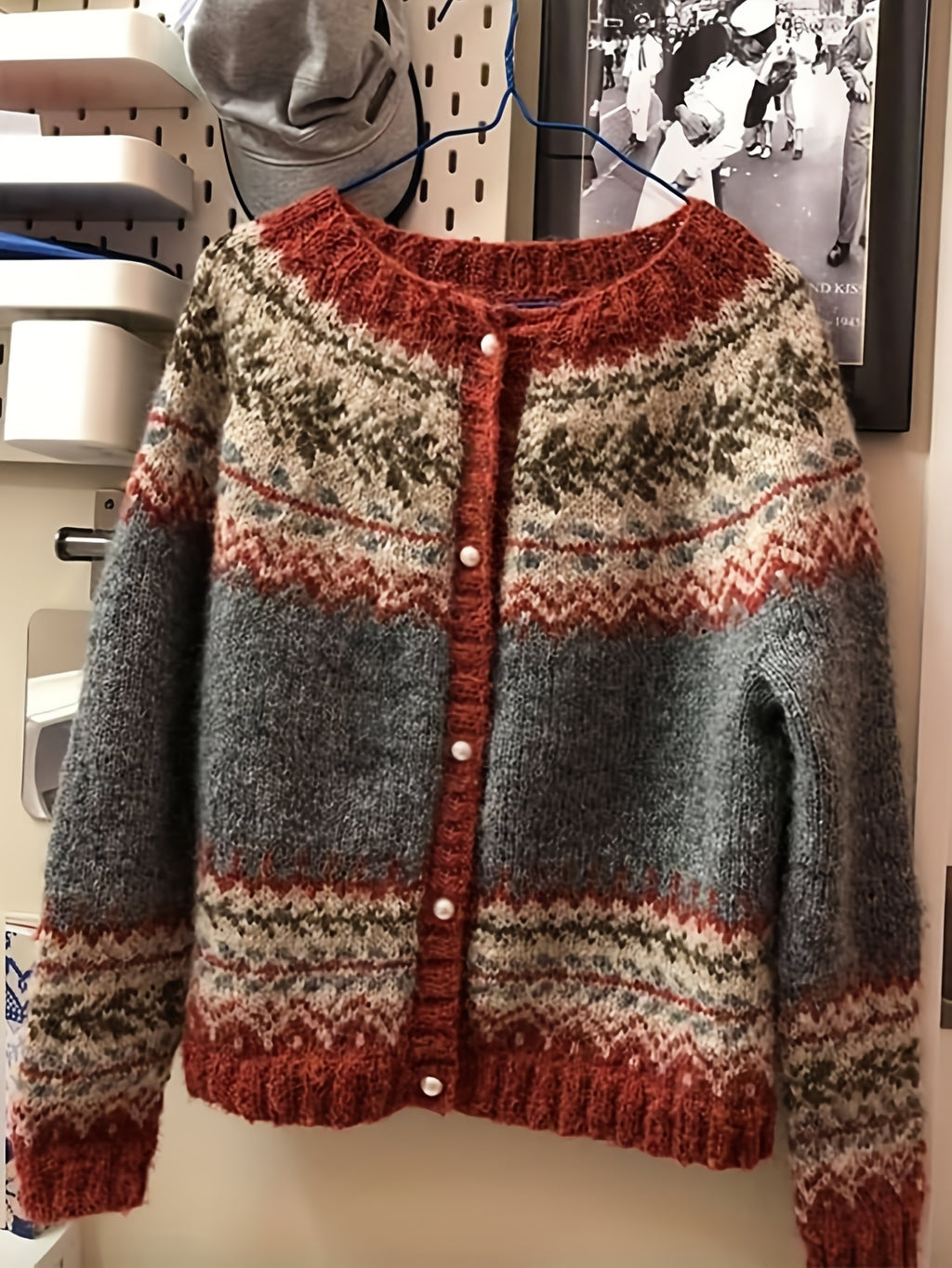 Fairbane Fair Isle Button-Up Cardigan – Women Knit Sweater Nordic Chunky Ribbed Autumn Fall Cardigan