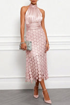 Scallin Halter Neck Satin Midi Dress – Sleeveless Cocktail Party Women Formal Evening Midi Dress