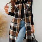 Flavest Check Sleeveless Longline Shacket – Women Oversized Flannel Gilet Waistcoat Casual Autumn Layering