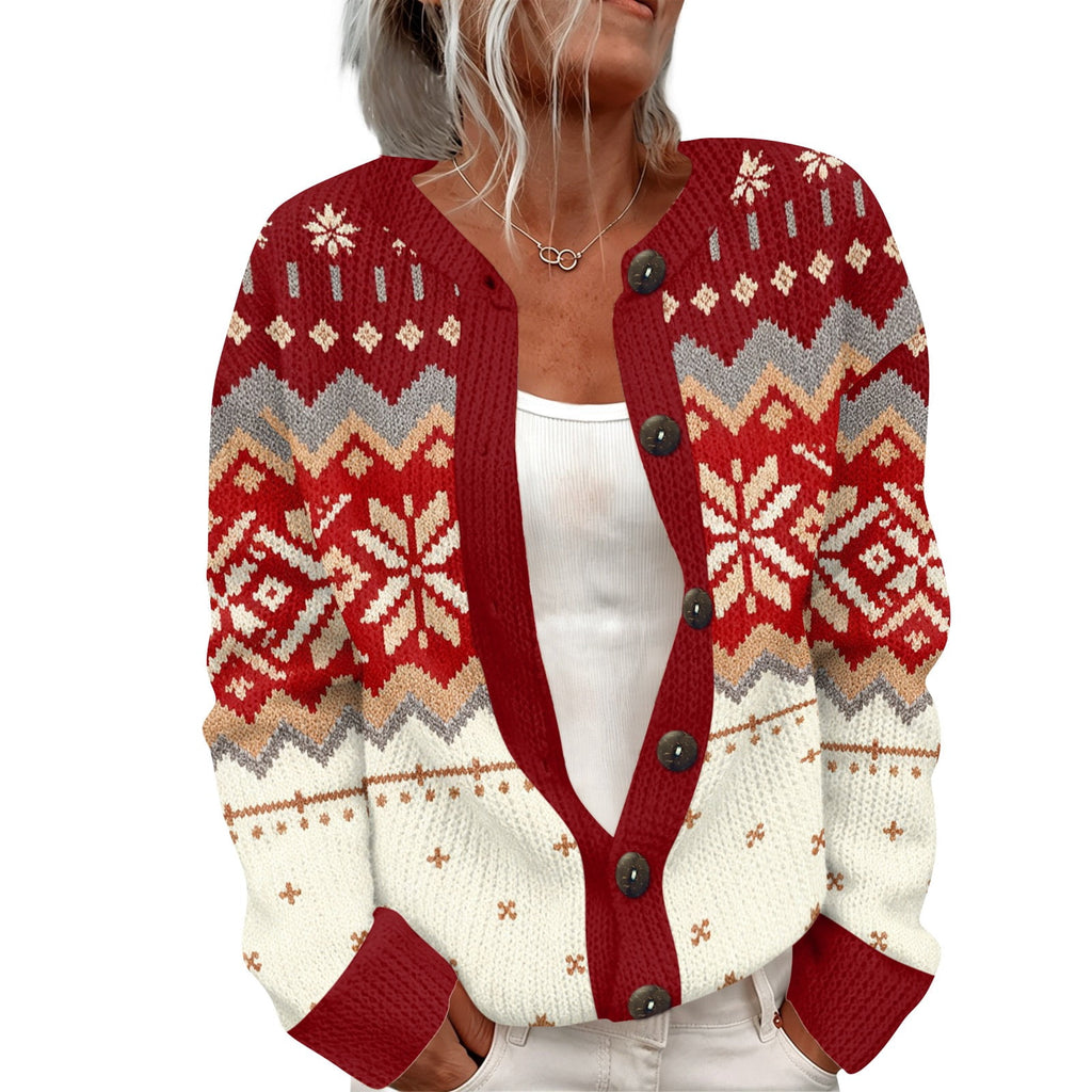 Snowflyx Fair Isle Button Cardigan – Knit Christmas Women Festive Holiday Long Sleeve Crew Neck Cardigan