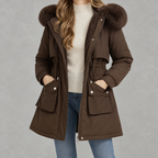 Cinchora Hooded Parka Coat – Faux Fur Trim Winter Women Casual Outerwear Mid-Length Jacket