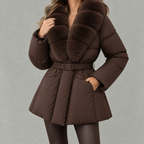 Shawdren Faux Fur Collar Belted Puffer Coat – Padded Quilted Women Winter Jacket Ladies Long Puffer Coat