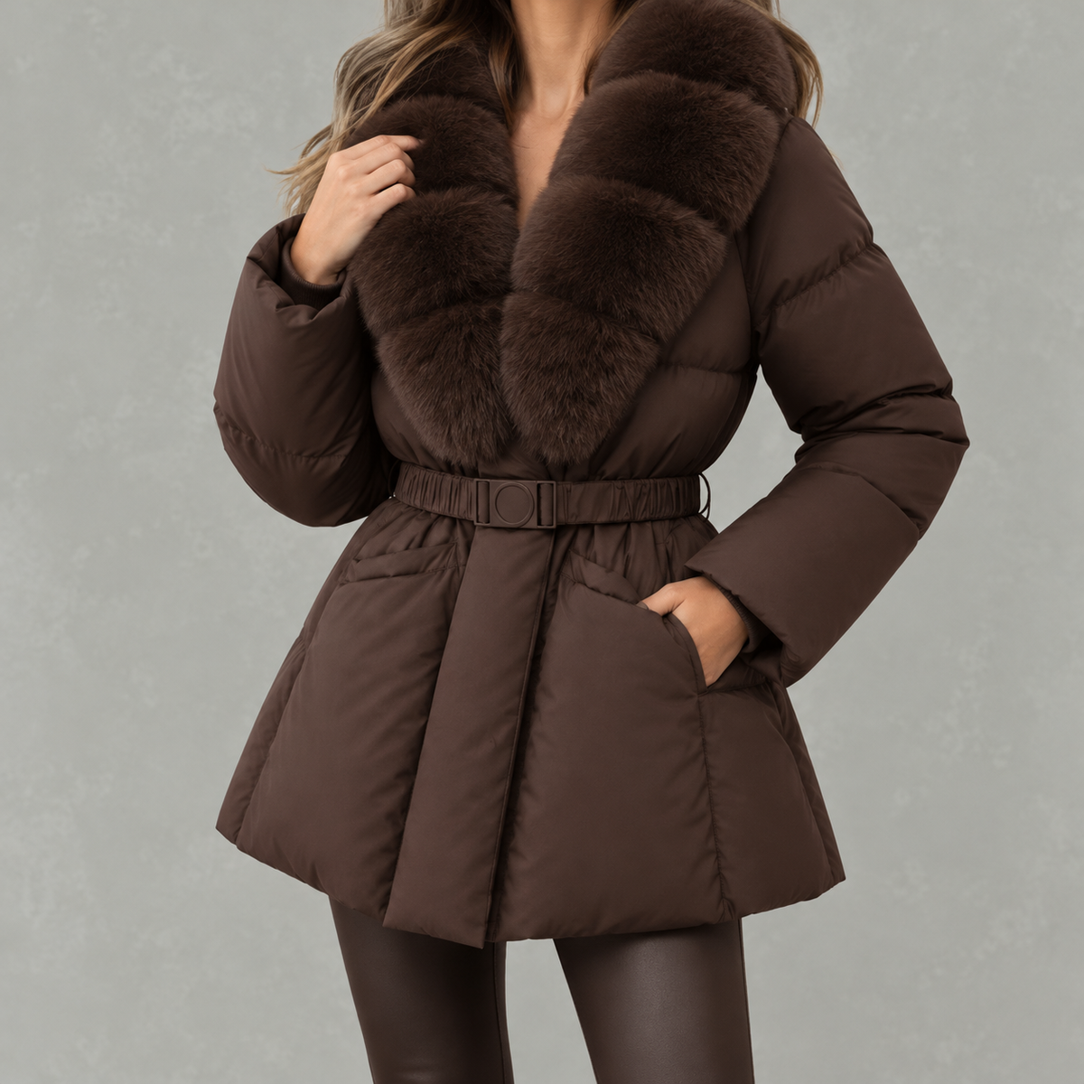 Shawdren Faux Fur Collar Belted Puffer Coat – Padded Quilted Women Winter Jacket Ladies Long Puffer Coat
