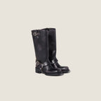 Duharnis Knee High Riding Boots – Women Buckle Harness Low Block Heel Biker Knee High Boots