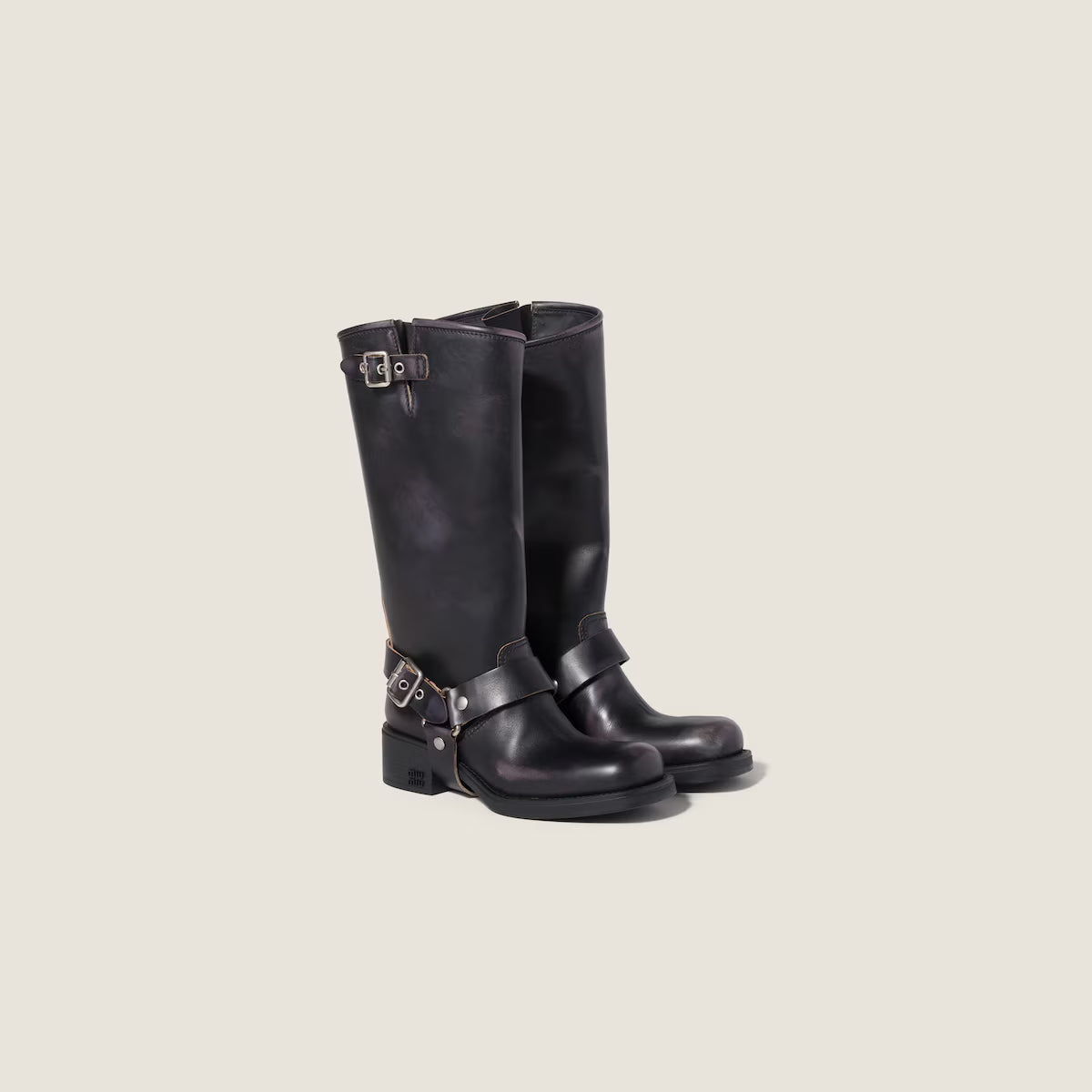 Duharnis Knee High Riding Boots – Women Buckle Harness Low Block Heel Biker Knee High Boots
