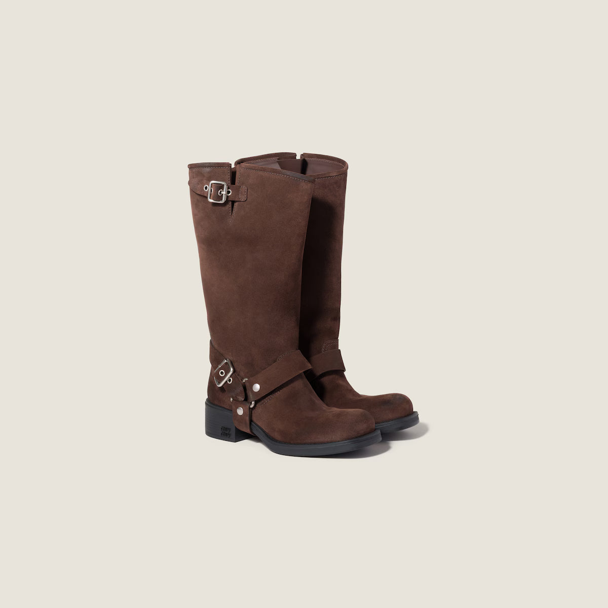 Duharnis Knee High Riding Boots – Women Buckle Harness Low Block Heel Biker Knee High Boots